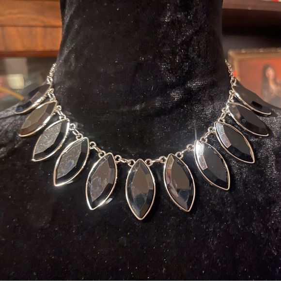 Multi Pendant Necklace Faceted Black Crystals Bezel Set In Silver Tone - Picture 3 of 8